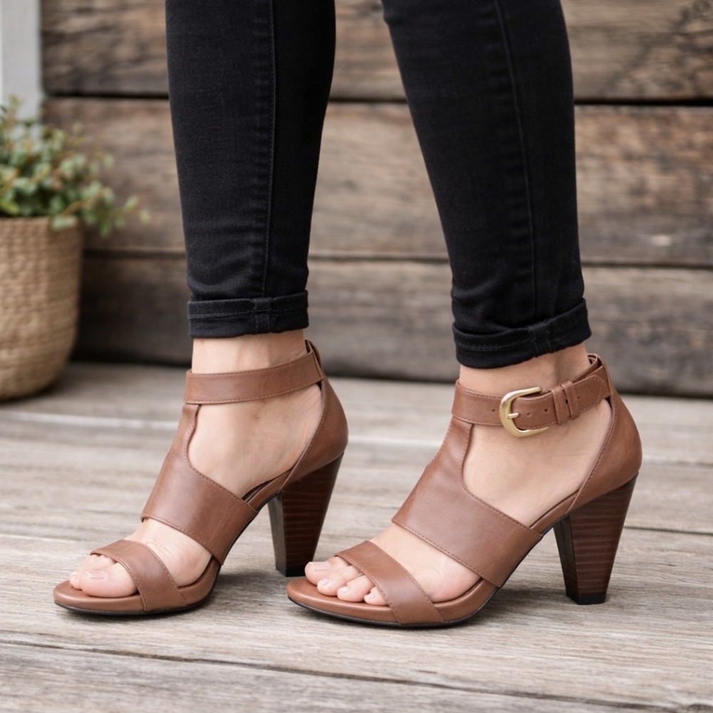 Me Too NEW Dixie Modern Rustic Boho Leather Cone Heel Comfort Sandals 7M